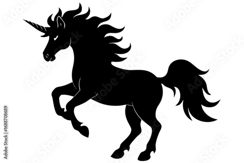 Black silhouette of a mythical unicorn with a spiraled horn