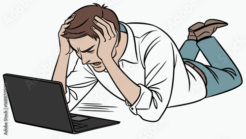 Frustrated Man Working on Laptop Stressed Person Computer Problem Digital Illustration.
