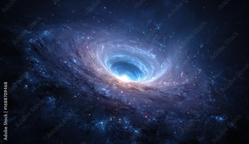 Obraz premium Cosmic vortex in a swirling galaxy. Vast nebulae of blue and indigo swirl around a central void. Stars scattered throughout the deep space