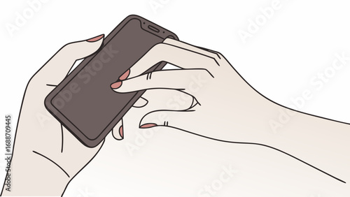 Hands holding smartphone mobile phone usage technology illustration digital device app interface screen mockup hand drawn minimalist design flat style simple graphic elegant style clean design modern.