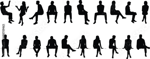 Silhouettes of people sitting and talking, casual conversation, side view figures, interaction, communication poses, social meeting, modern lifestyle, body language gesture