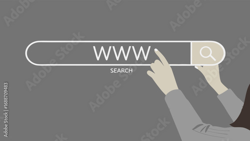 Hands interacting with a WWW search bar on a digital device minimal design online search concept.