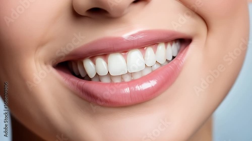 Close-up of a woman's perfect white teeth and glossy pink lips.