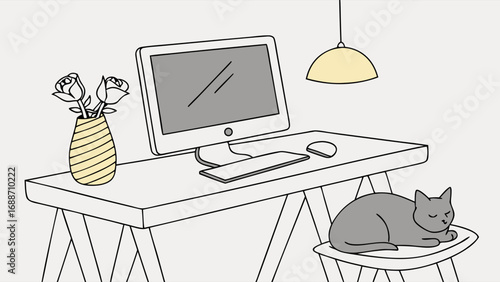 Home office workspace with computer cat and flowers illustration.