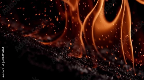 Intense fire flames swirling in super slow motion against a deep black background, every spark and ember captured with fluid eleganc