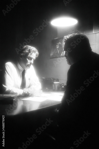 Detective interrogates suspect in police station under dim light during a crime investigation