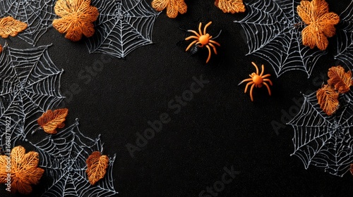 Colorful orange spiders and lacey webbing are arranged with autumn leaves on a dark background, creating a festive Halloween decoration. Perfect for seasonal celebrations.