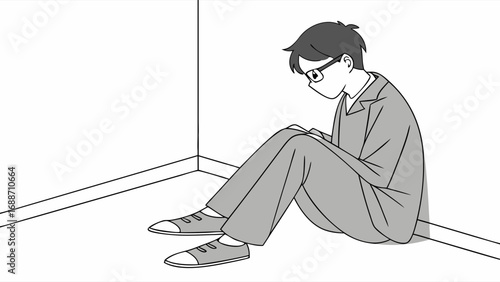 Illustration of a person sitting alone in a corner feeling sad or lonely.