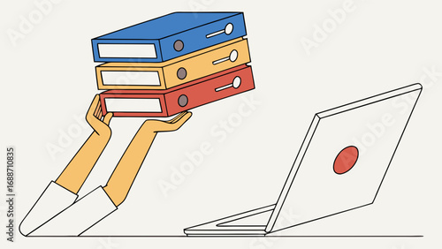 Illustration of hands holding colorful ring binders near a laptop representing data management or workflow.