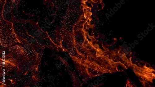 Intense fire flames swirling in super slow motion against a deep black background, every spark and ember captured with fluid eleganc
