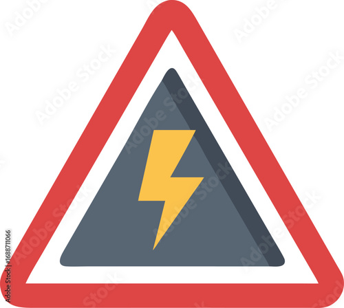 Vector art of colorful triangular warning sign with a yellow lightning bolt symbol on a dark gray background