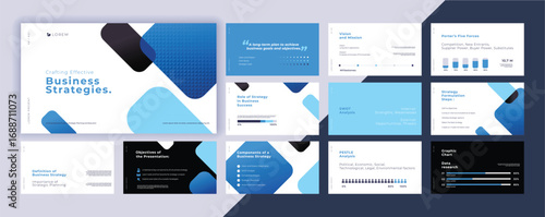 Abstract powerpoint presentation templates set, blue color identity presentation background, banner template, brochure, landing page, company profile, business design package set, vector illustration.