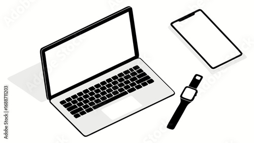 Isometric illustration of laptop smartphone and smartwatch with blank screens.