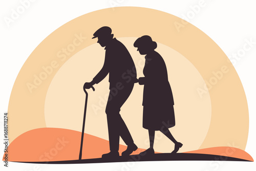 Silhouette of elderly couple walking together at sunset with cane support