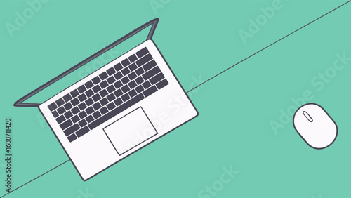 Laptop computer and mouse overhead view minimalist design teal background workspace technology office digital modern simple clean flat lay top view graphic design illustration vector background textu.