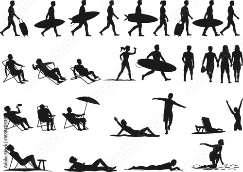 Silhouettes of people walking, surfing, relaxing on beach chairs, summer vacation activities, beach lifestyle, leisure, outdoor fun, holiday moments, sunbathing, surfing sport, family beach day