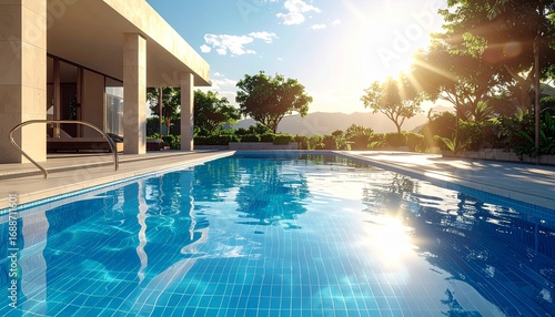 Luxury water swimming pool view with ceramic floor on the ground floor with sunrise view in the morning