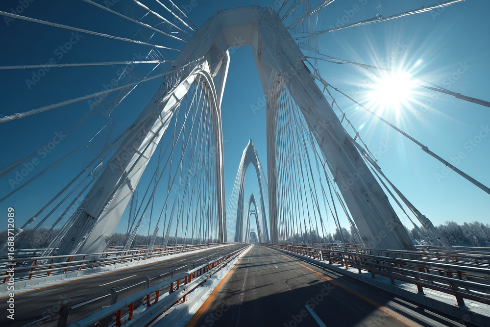 Obraz premium Bright day on a modern suspension bridge showcasing technology and nature harmoniously