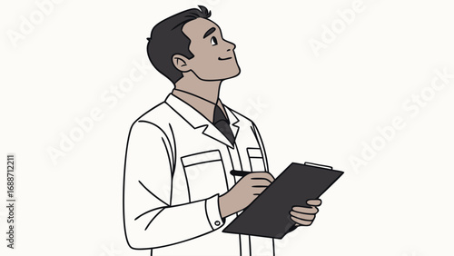 Man in white coat writing on a clipboard looking up thoughtfully.