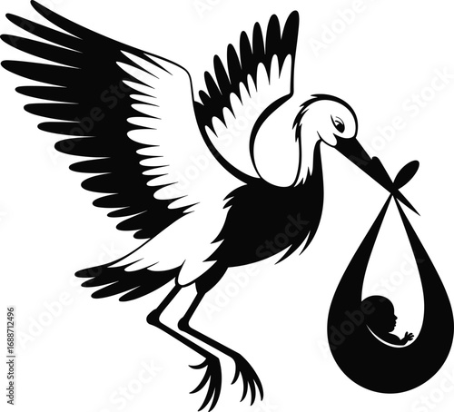 Stork carrying newborn baby silhouette, delivery of baby, traditional birth symbol, new life arrival, newborn delivery, baby bundle, birth announcement, baby shower design