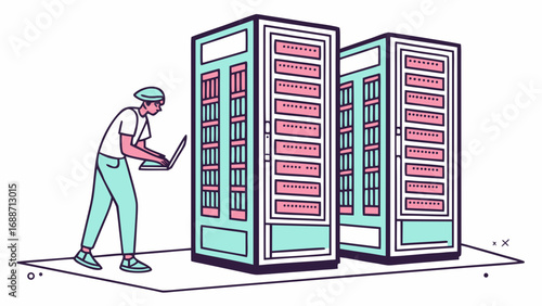 A person in a hat and casual clothes works on a laptop in front of two tall server racks