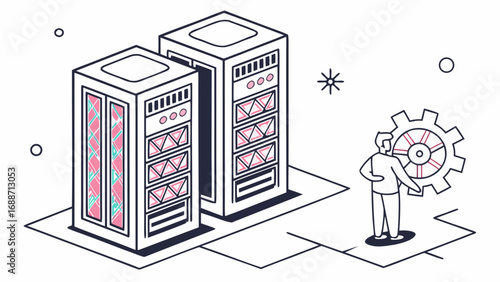 Abstract illustration of a person interacting with server racks and a large gear representing technology and data management