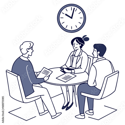 Business meeting with three people sitting around a table discussing documents under a clock