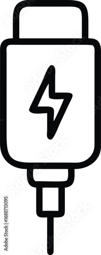 Vector art of outline icon of a usb charging cable connector with a lightning bolt symbol, representing fast charging and power delivery for electronic devices