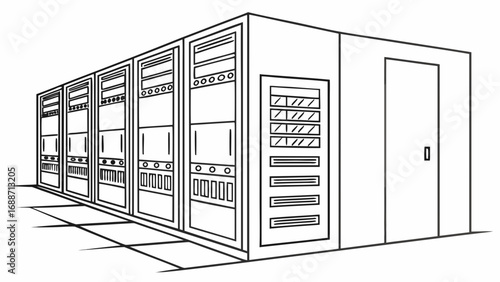Clean line art illustration of a server room with multiple racks and a closed door