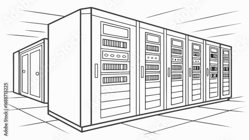 Clean line art illustration of a server room with multiple racks of computer equipment and a door