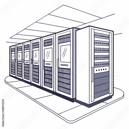 Clean line art illustration of a server room with multiple racks filled with computer hardware