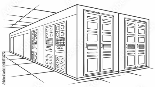 Clean line art illustration of a server room with rows of computer racks and control panels