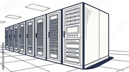 Clean line art illustration of a server room with multiple racks of computer equipment and ceiling lights