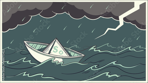 Paper boat in stormy sea financial crisis concept illustration graphic design turbulent water dark clouds lightning risk uncertainty money investment economy challenge metaphor hardship adventure dan.