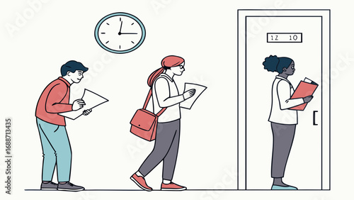 Diverse group of people waiting in line outside a door for an appointment or interview with a clock overhead