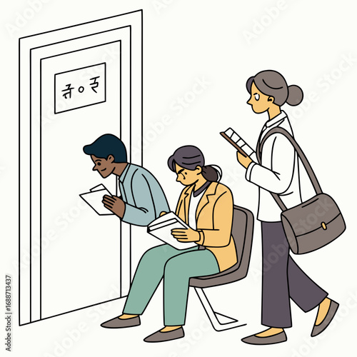 Diverse group of people waiting in line outside a door with a sign in an unknown script