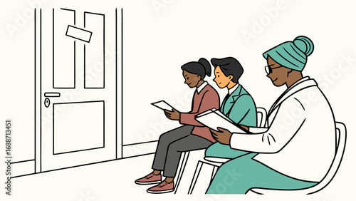 Diverse group of people waiting patiently in chairs near a closed door with a sign