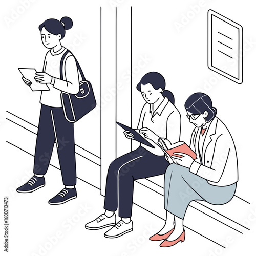 Diverse group of women reading and using devices while commuting on public transportation
