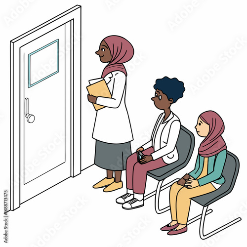 Diverse group of women waiting in a doctor s office hallway for appointments