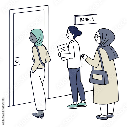 Diverse group of women in line waiting outside a door labeled bangla for an appointment or service
