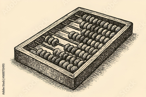  Line Art Illustration of Vintage Abacus with Wooden Frame