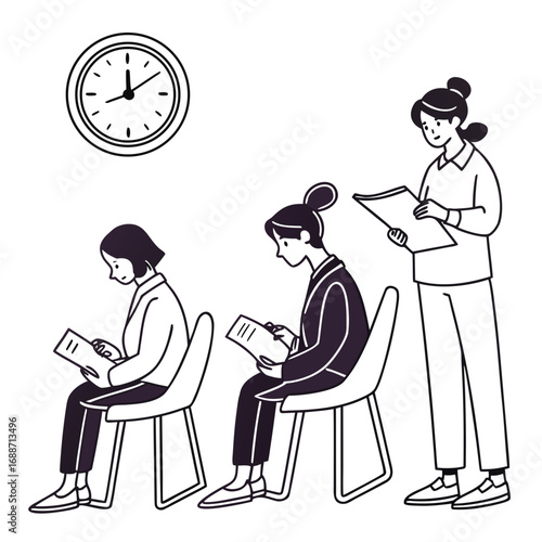 Diverse group of women waiting patiently in line for a job interview or appointment while checking documents