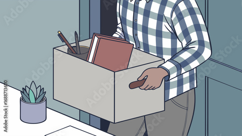 Person carrying a box of personal belongings leaving a workplace.