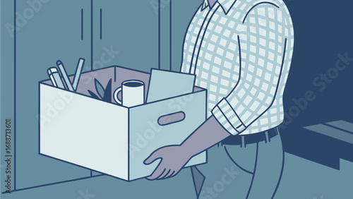 Person carrying box of personal belongings leaving workplace end of employment job loss resignation moving on new beginning career change transition departure farewell goodbye office supplies cardboa.