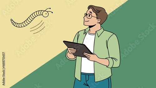 Person using tablet observing small creature illustration digital art flat design.