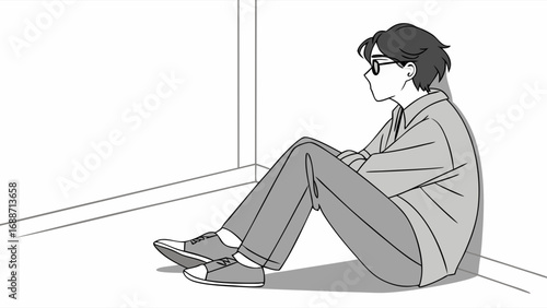 Person sitting alone in a corner grayscale illustration feeling of loneliness contemplative mood simple line art minimalist style.