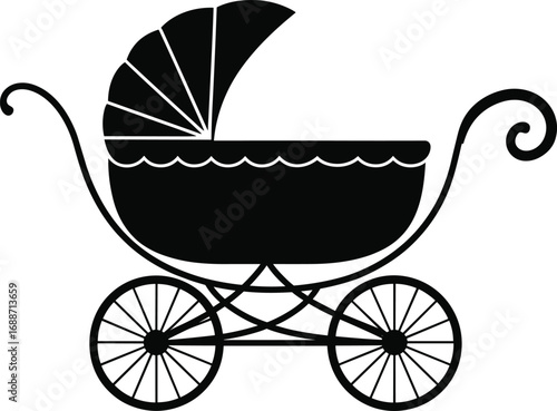 Vintage baby stroller silhouette, classic pram, old-fashioned baby carriage, retro style, child transport, antique baby buggy, elegant design, baby essentials illustration