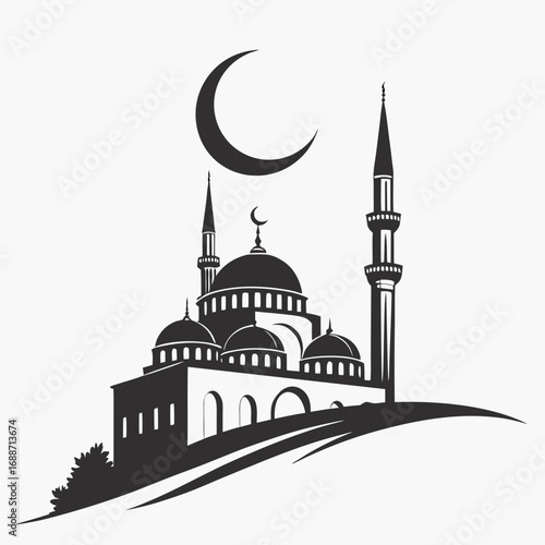 Islamic mosque silhouette with crescent moon and minarets on hilltop