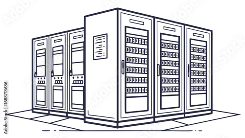 Illustration of a server rack room with multiple computer servers and network equipment in a clean line art style