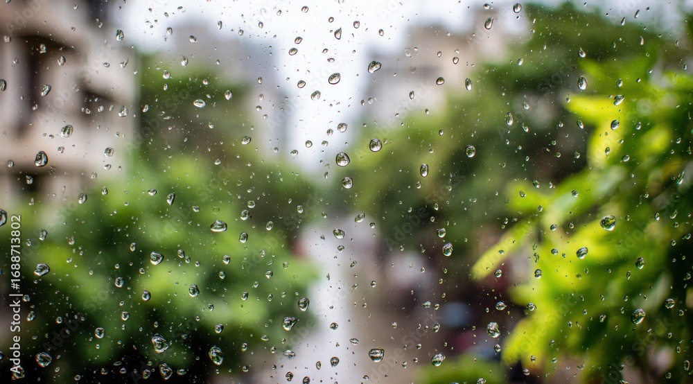 Obraz premium Rain drops on glass, blurred cityscape